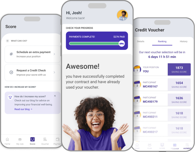 Savings Club app showing the savings dashboard and member interface