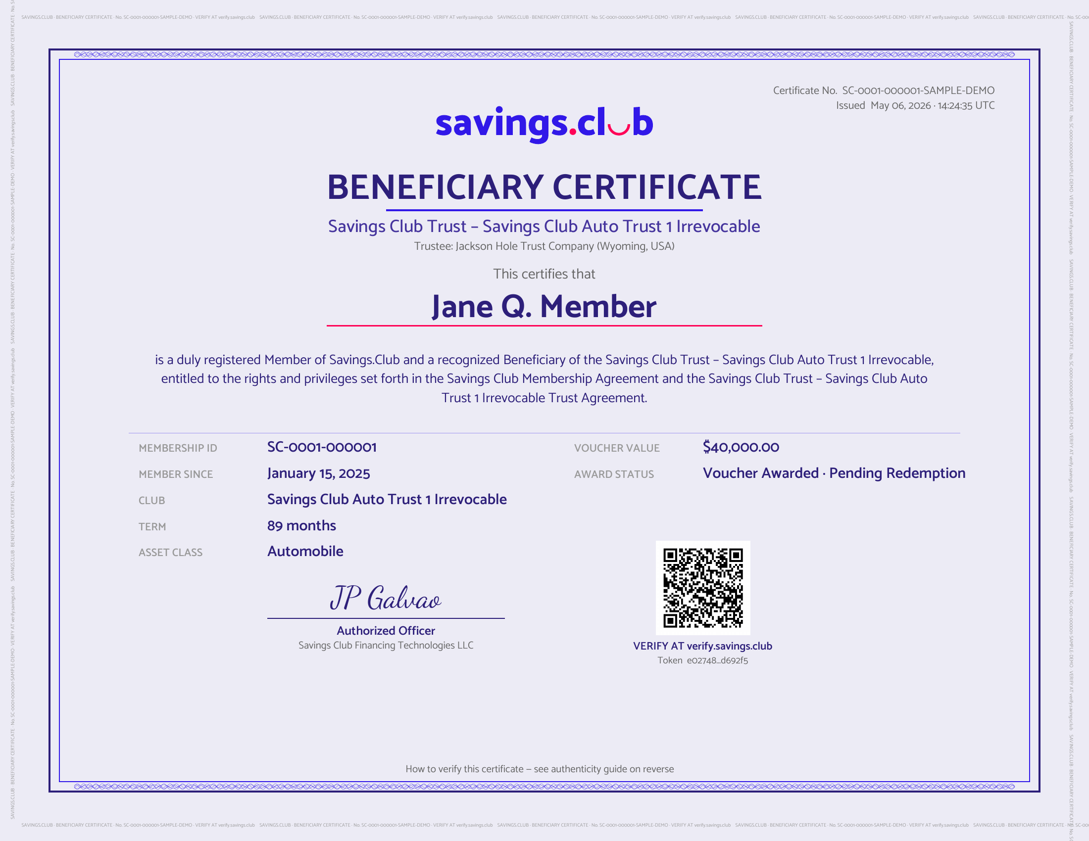 Sample Beneficiary Certificate — front. Shows the savings.club wordmark, trust name, trustee, member name, details panel, signature, and QR code.